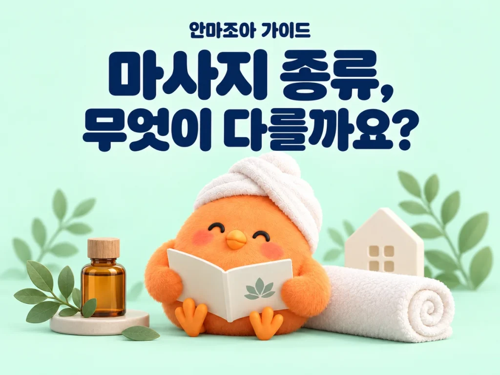 마사지 종류, 무엇이 다를까요? 안내서를 읽는 안마조아 주황색 새 캐릭터