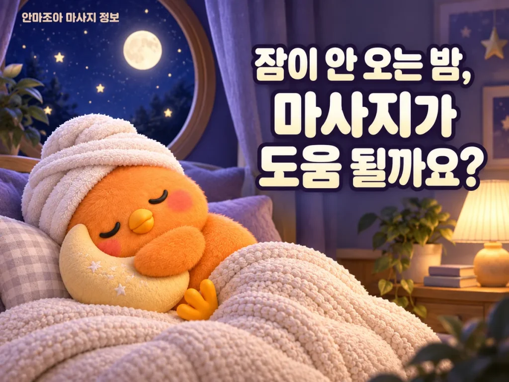 달빛이 비치는 침실에서 달 모양 베개를 안고 잠든 주황색 새와 마사지·숙면에 관한 제목